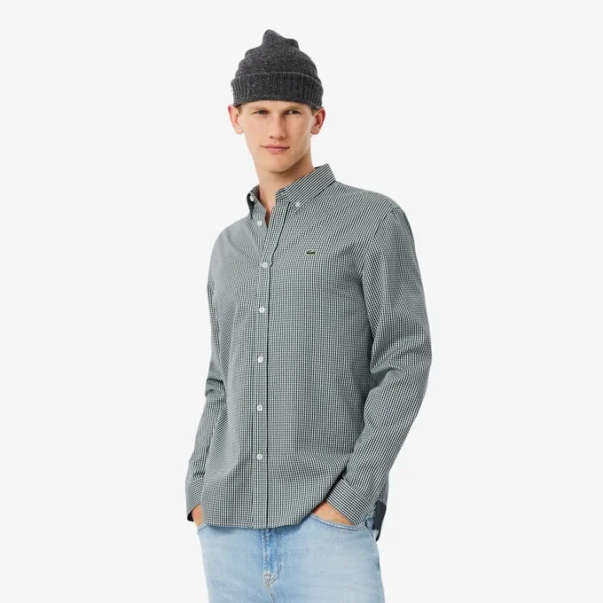 Camisa de algodão xadrez de corte regular para homem