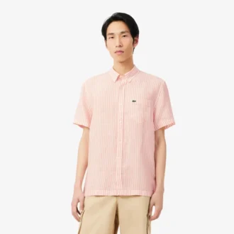 Camisa de linho de manga curta com corte regular para homem