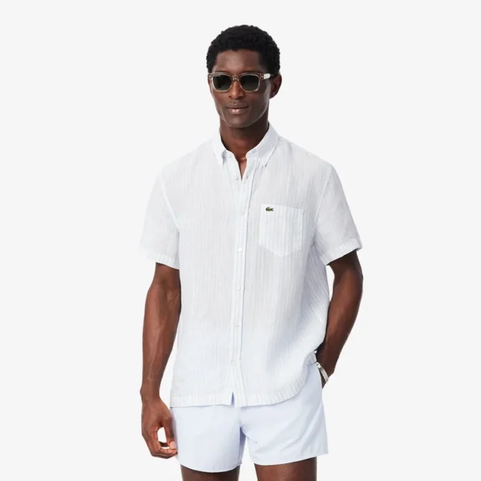 Camisa de linho de manga curta com corte regular para homem