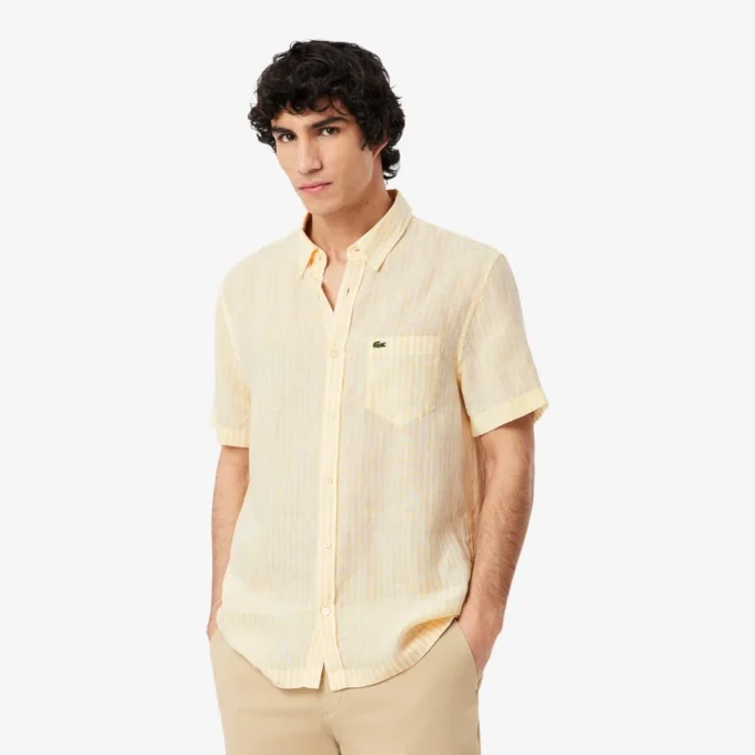 Camisa de linho de manga curta com corte regular para homem