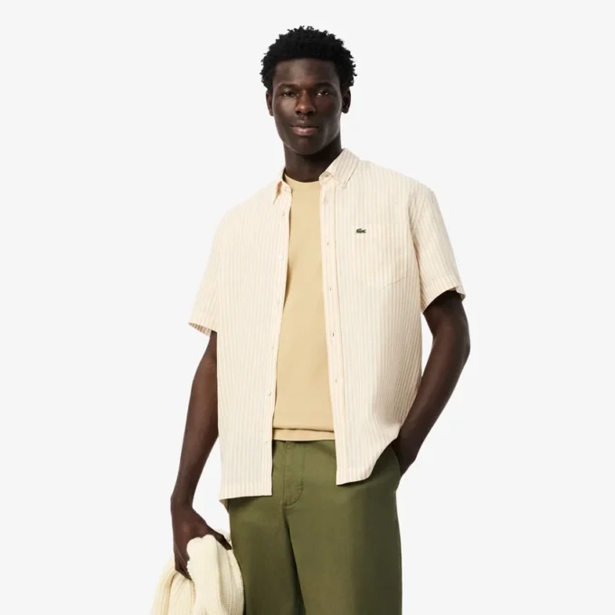 Camisa de linho de manga curta com corte regular para homem