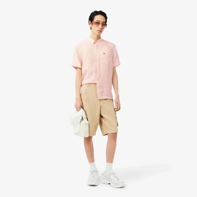 Camisa de linho de manga curta com corte regular para homem