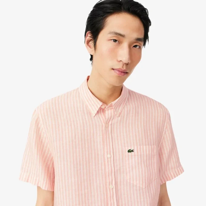 Camisa de linho de manga curta com corte regular para homem