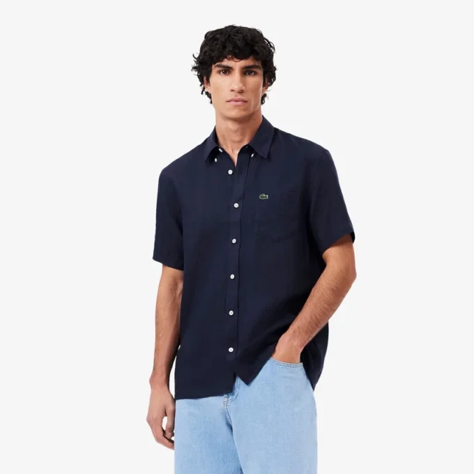 Camisa de linho de manga curta para homem