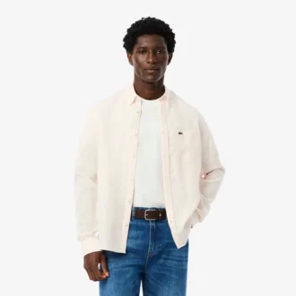 Camisa de linho às riscas de corte regular para homem