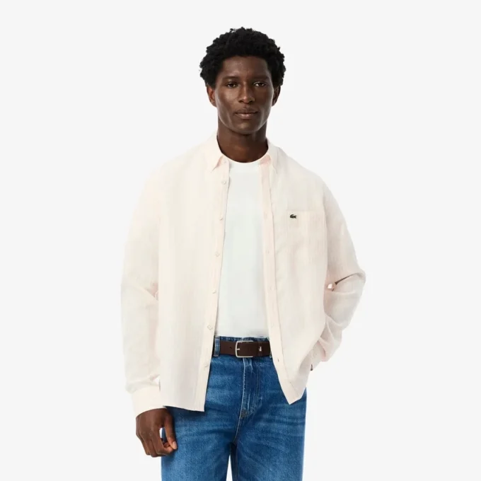 Camisa de linho às riscas de corte regular para homem