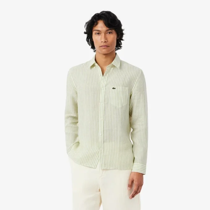 Camisa de linho às riscas de corte regular para homem
