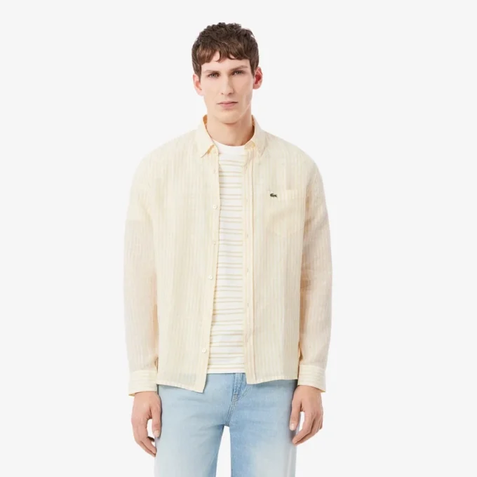 Camisa de linho às riscas de corte regular para homem