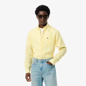 Camisa de linho às riscas de corte regular para homem