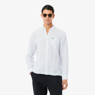 Camisa de linho às riscas de corte regular para homem