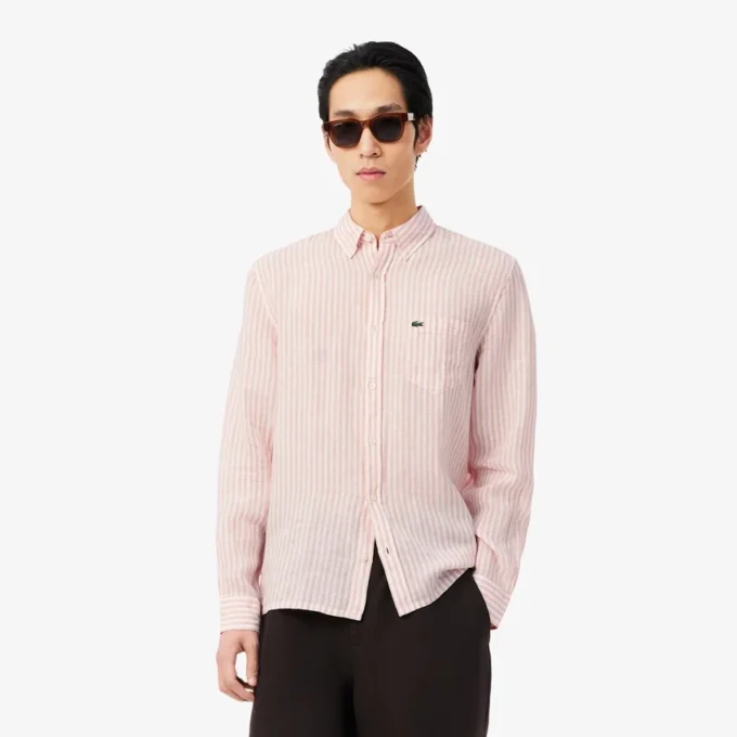Camisa de linho às riscas de corte regular para homem