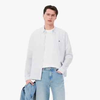 Camisa de linho às riscas de corte regular para homem