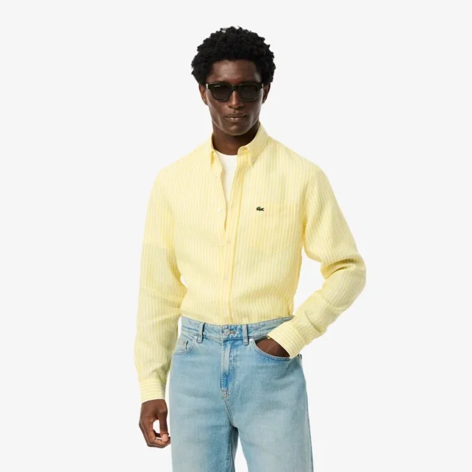 Camisa de linho às riscas de corte regular para homem