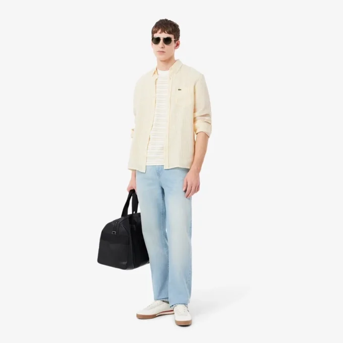 Camisa de linho às riscas de corte regular para homem