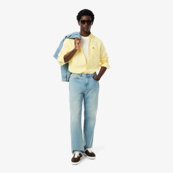 Camisa de linho às riscas de corte regular para homem