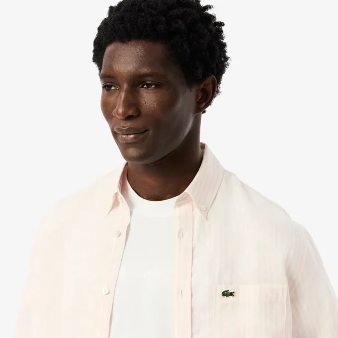 Camisa de linho às riscas de corte regular para homem