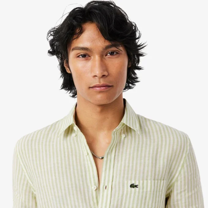 Camisa de linho às riscas de corte regular para homem
