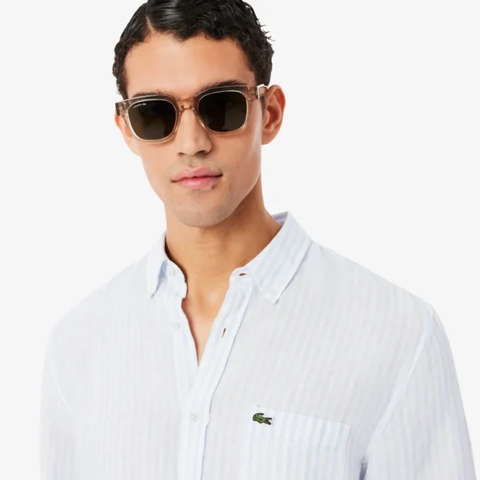 Camisa de linho às riscas de corte regular para homem