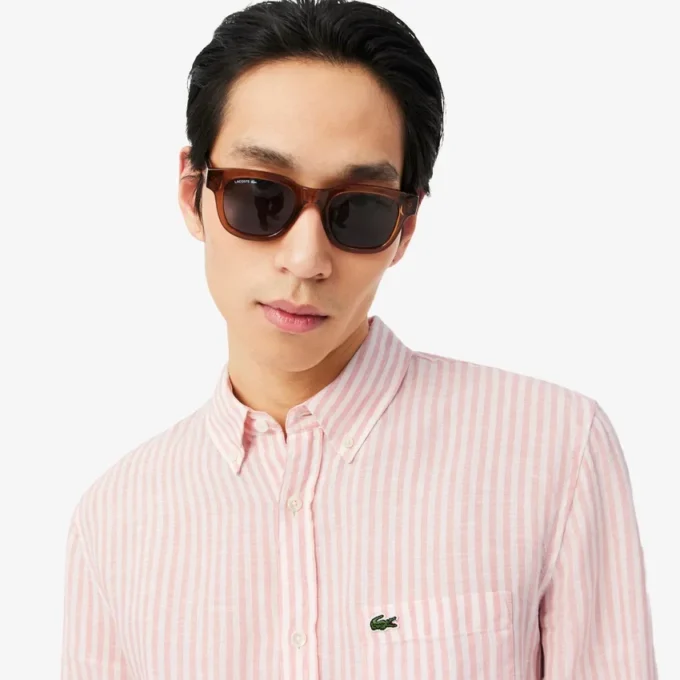 Camisa de linho às riscas de corte regular para homem