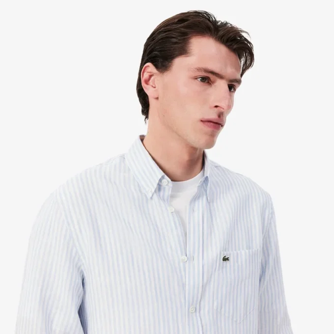 Camisa de linho às riscas de corte regular para homem