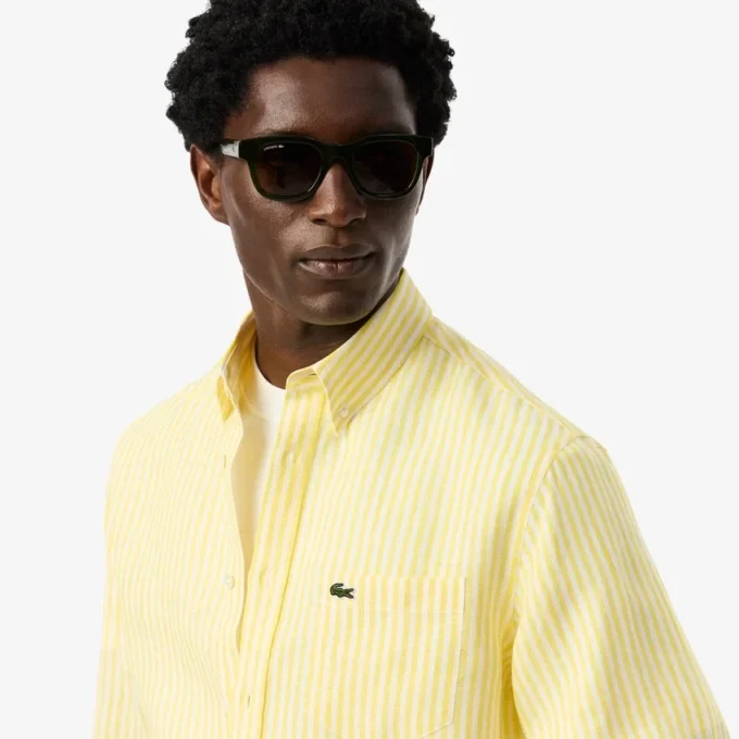 Camisa de linho às riscas de corte regular para homem