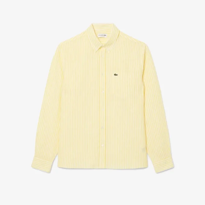 Camisa de linho às riscas de corte regular para homem