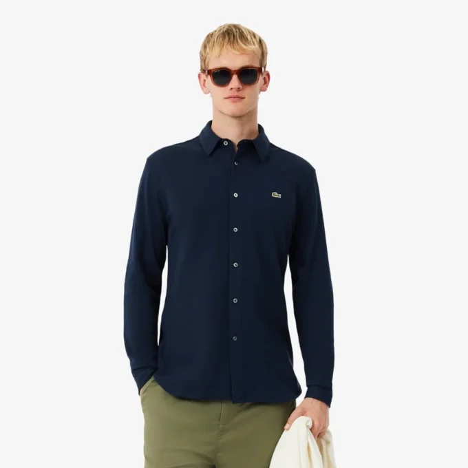 Camisa de piqué de algodão de corte justo para homem