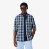 Camisa de popeline elástico com padrão xadrez e corte justo