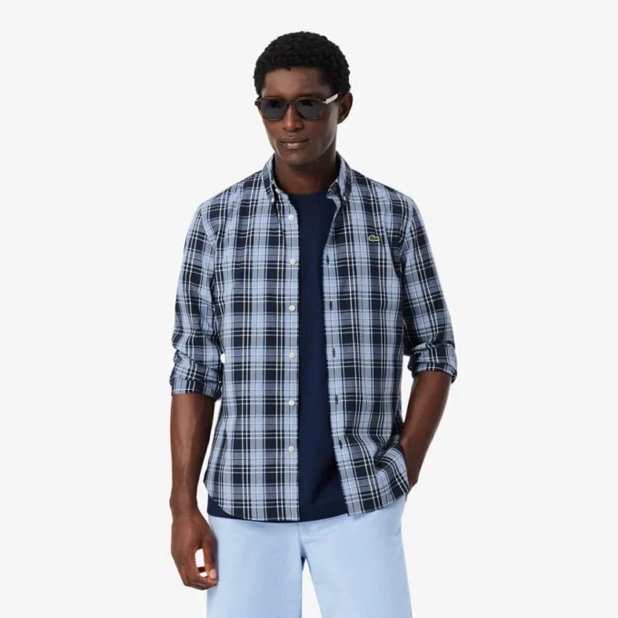 Camisa de popeline elástico com padrão xadrez e corte justo