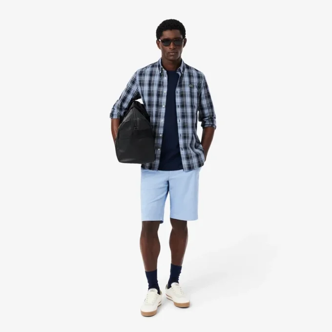 Camisa de popeline elástico com padrão xadrez e corte justo
