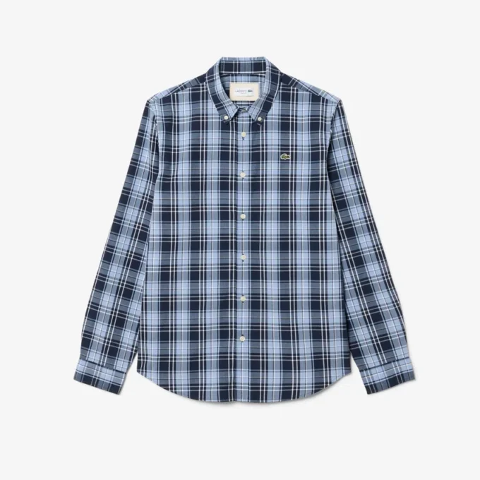 Camisa de popeline elástico com padrão xadrez e corte justo