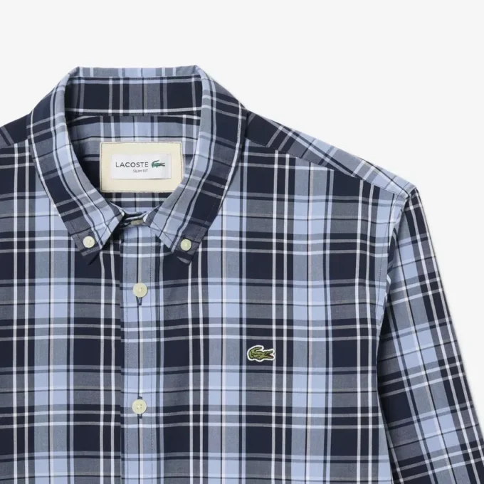 Camisa de popeline elástico com padrão xadrez e corte justo