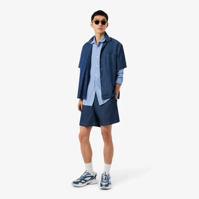 Camisa de popeline elástico às riscas com corte justo