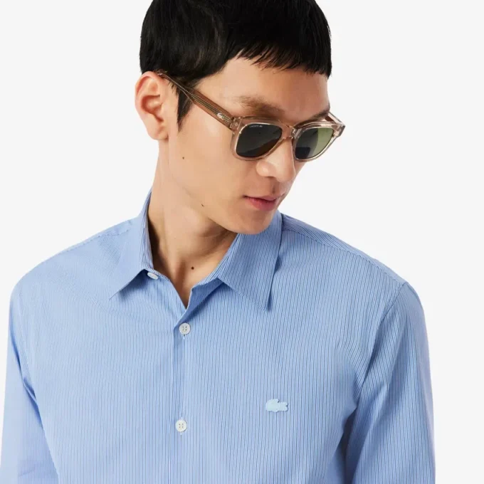 Camisa de popeline elástico às riscas com corte justo