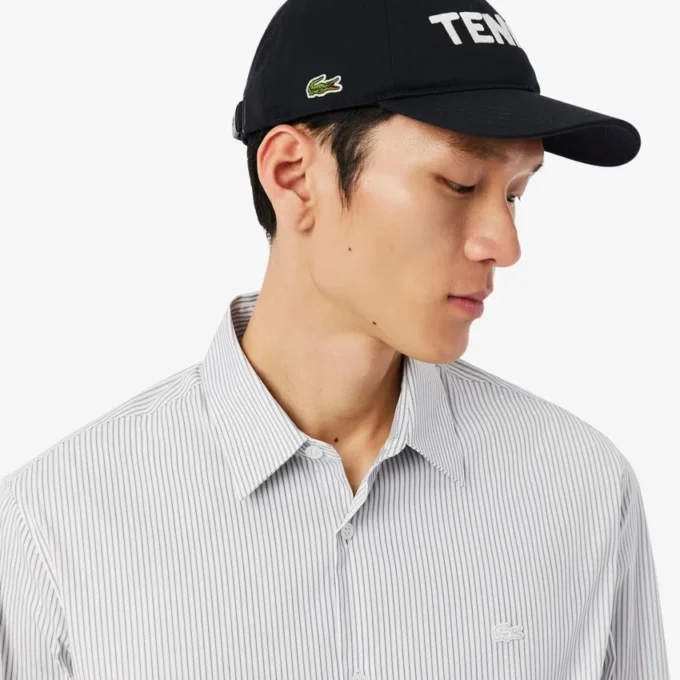 Camisa de popeline elástico às riscas com corte justo