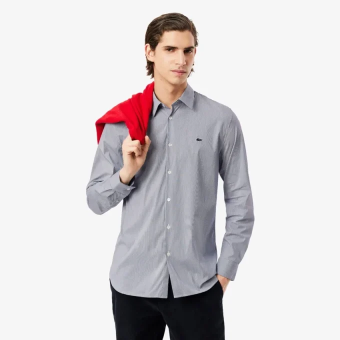 Camisas de botões em tecido elástico às riscas, corte justo, para homem