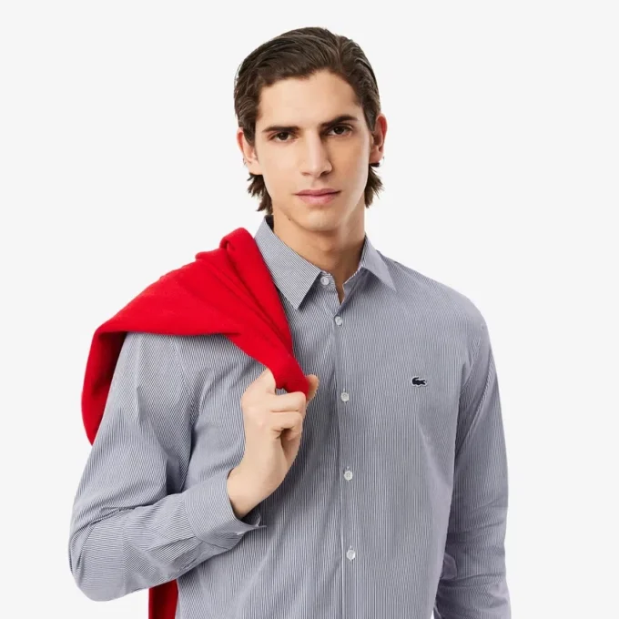 Camisas de botões em tecido elástico às riscas, corte justo, para homem