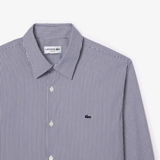 Camisas de botões em tecido elástico às riscas, corte justo, para homem