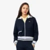 Camisola com fecho e detalhes em riscas para mulher
