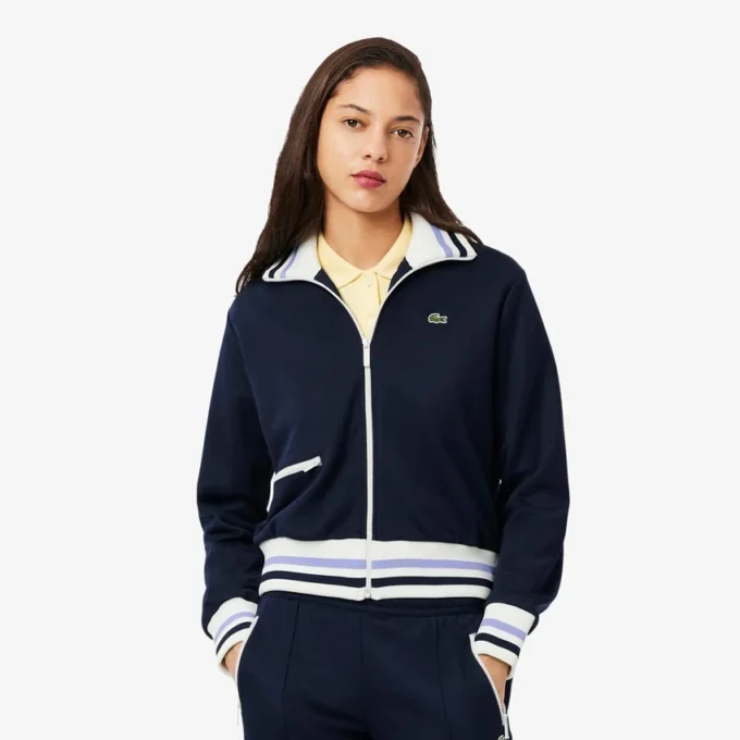 Camisola com fecho e detalhes em riscas para mulher