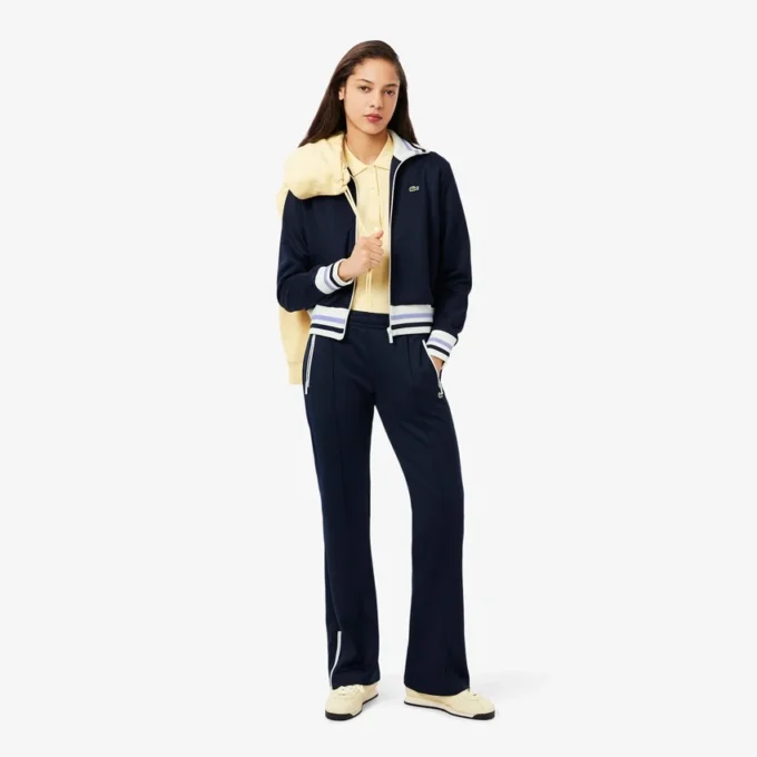 Camisola com fecho e detalhes em riscas para mulher