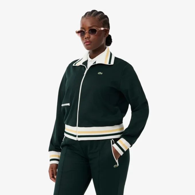 Camisola com fecho e detalhes em riscas para mulher