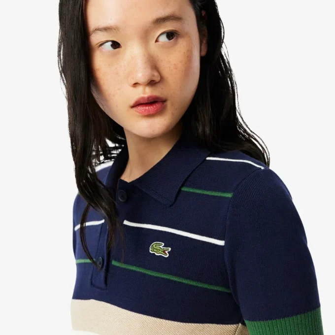 Camisola com gola de polo às riscas para mulher, fabricada em França