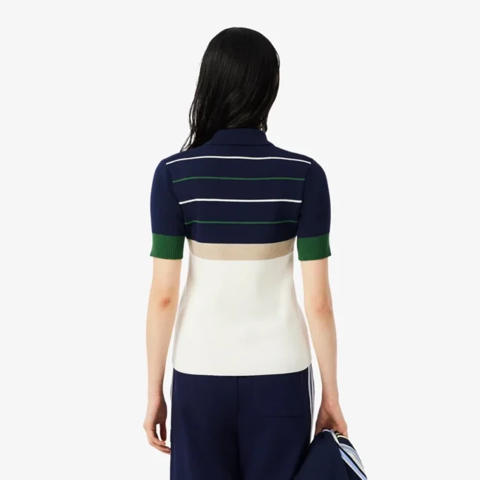 Camisola com gola de polo às riscas para mulher, fabricada em França