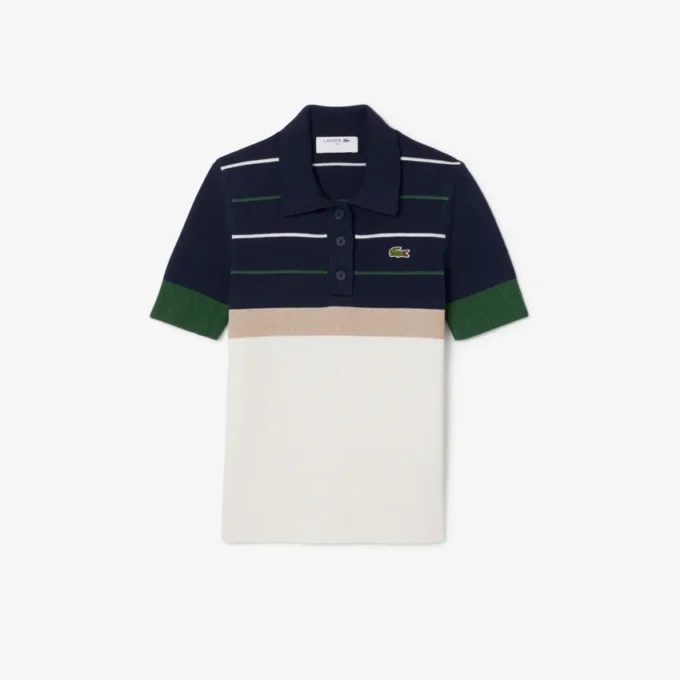 Camisola com gola de polo às riscas para mulher, fabricada em França