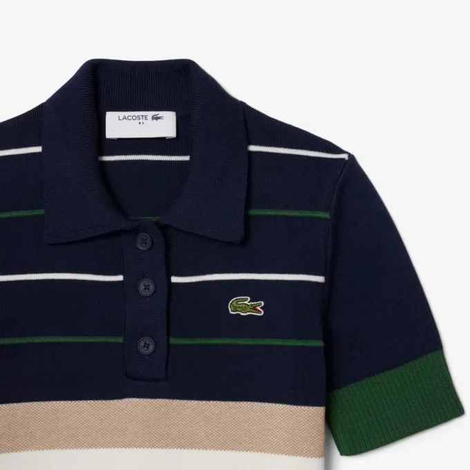 Camisola com gola de polo às riscas para mulher, fabricada em França