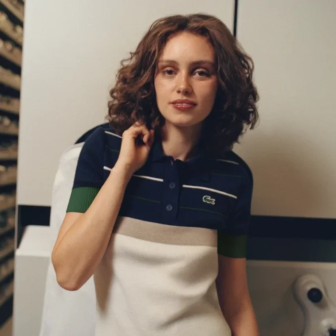 Camisola com gola de polo às riscas para mulher, fabricada em França