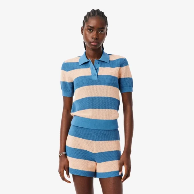 Camisola com gola polo em malha de malha de malha às riscas