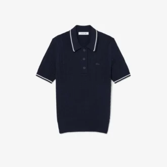 Camisola com gola polo em malha trançada às riscas