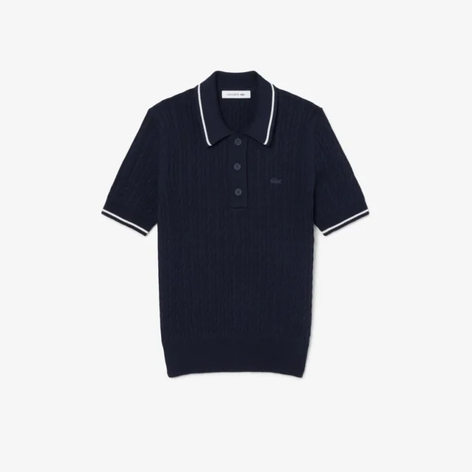 Camisola com gola polo em malha trançada às riscas